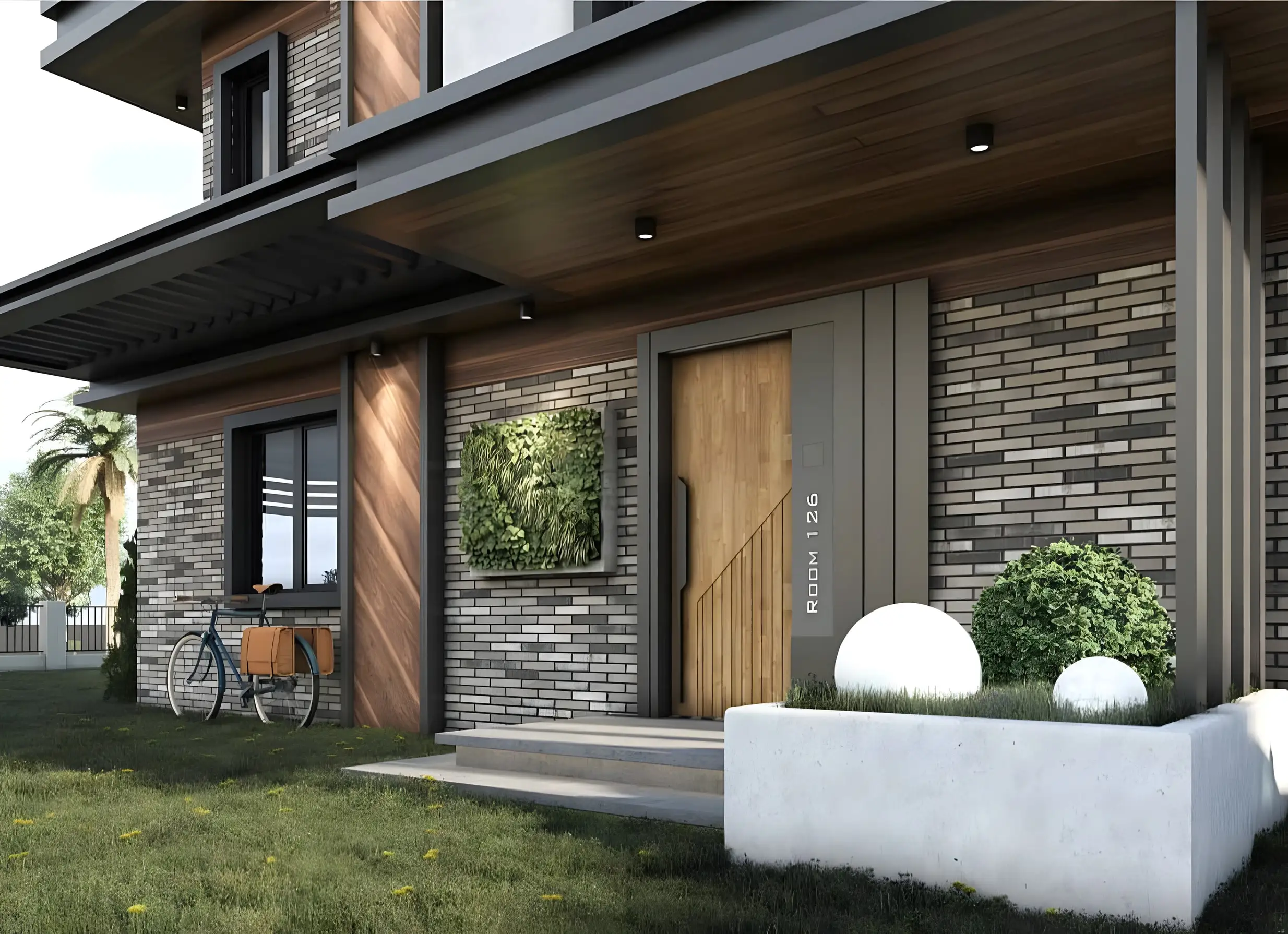 Dikey ahşap kapı, tuğla dokulu duvar ve beyaz saksılarla düzenlenmiş villa girişi